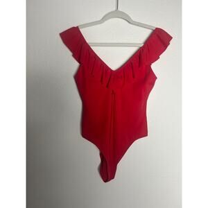 Wilfred Womens Bodysuit Red Ruffle V Neck Ribbed Stretch Soft Modal Spandex Sz M